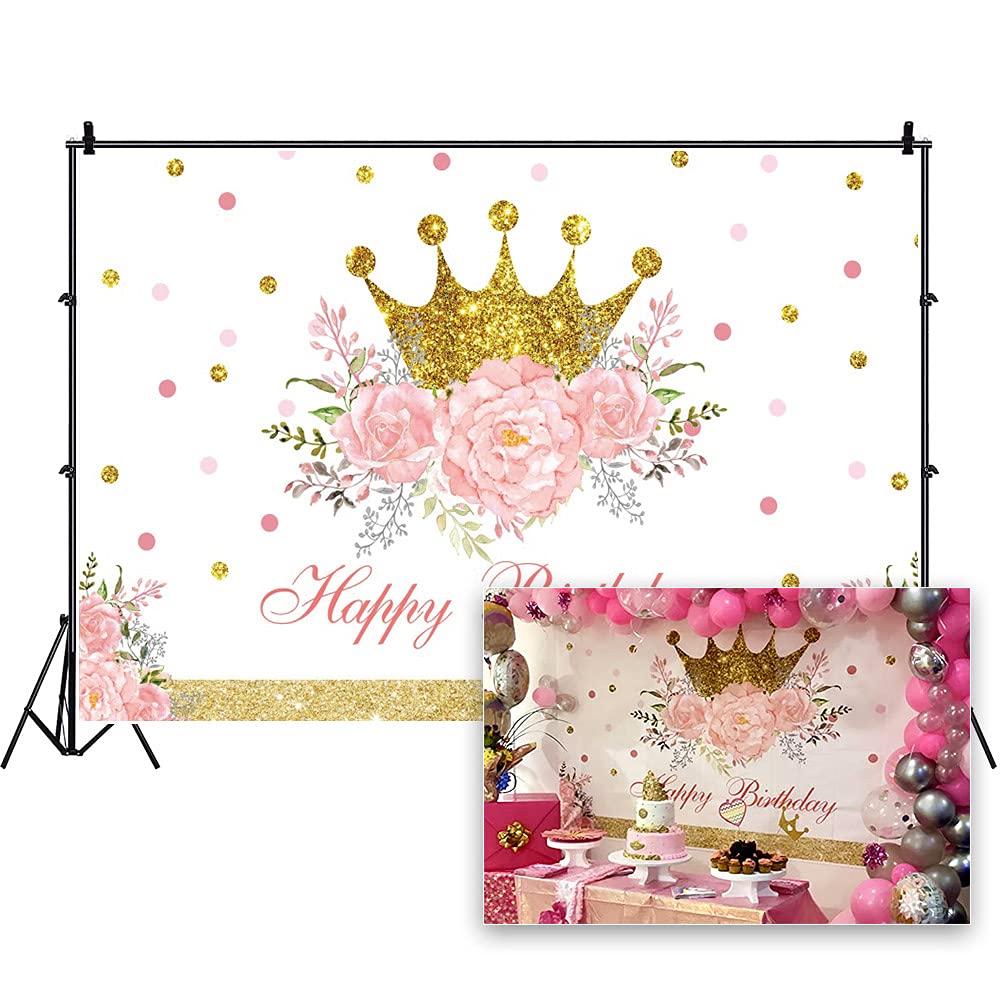 DORCEV Happy Birthday Backdrop for Luxury Princess Girls Birthday Party Background Shiny Glitter Gold Princess Crown Pink Floral Colorful Spot Girls Party Banner Kids Photo Studio Props