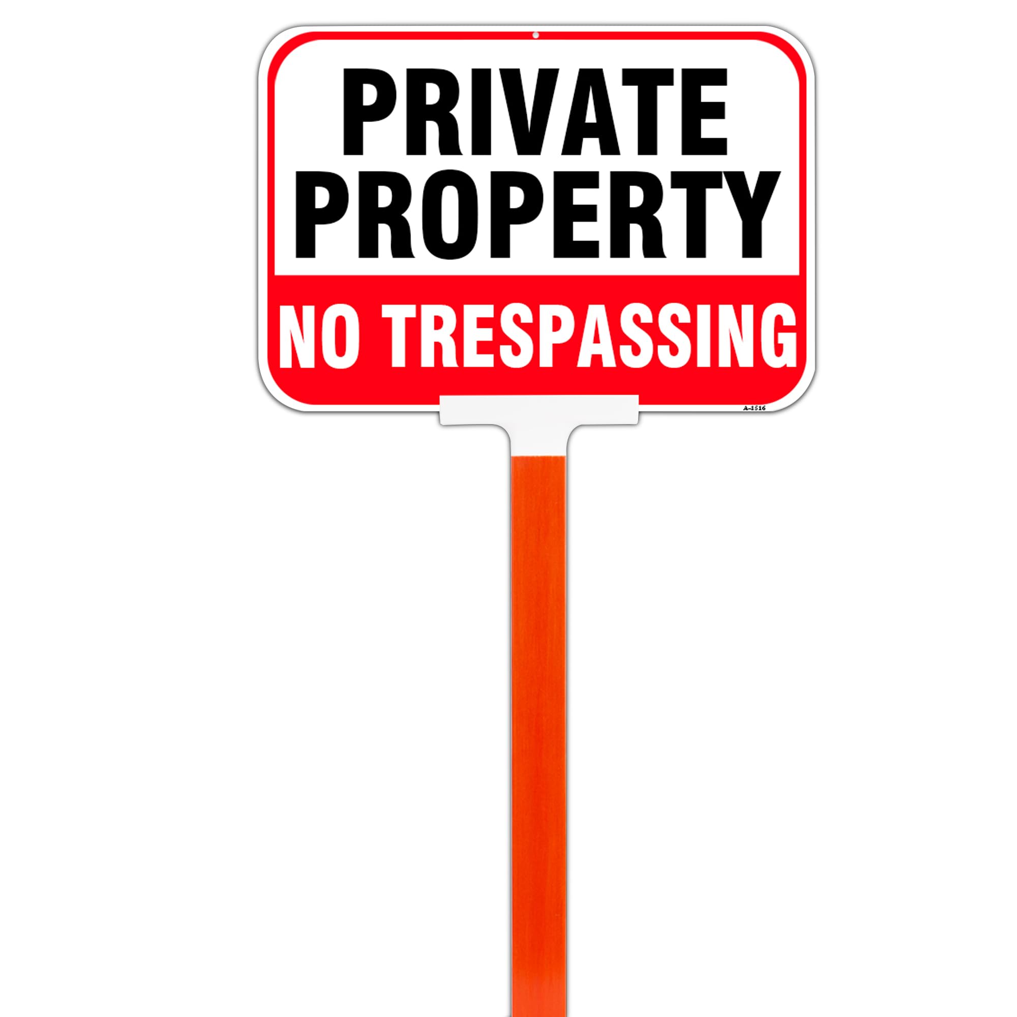 Large Private Property No Trespassing Sign with Stake 14x10 Inch/37 Inch Adjustable Height Fiberglass Pole, 40-mil Thick Metal Aluminum Weatherproof and Long-Lasting, Ideal for Home and Business