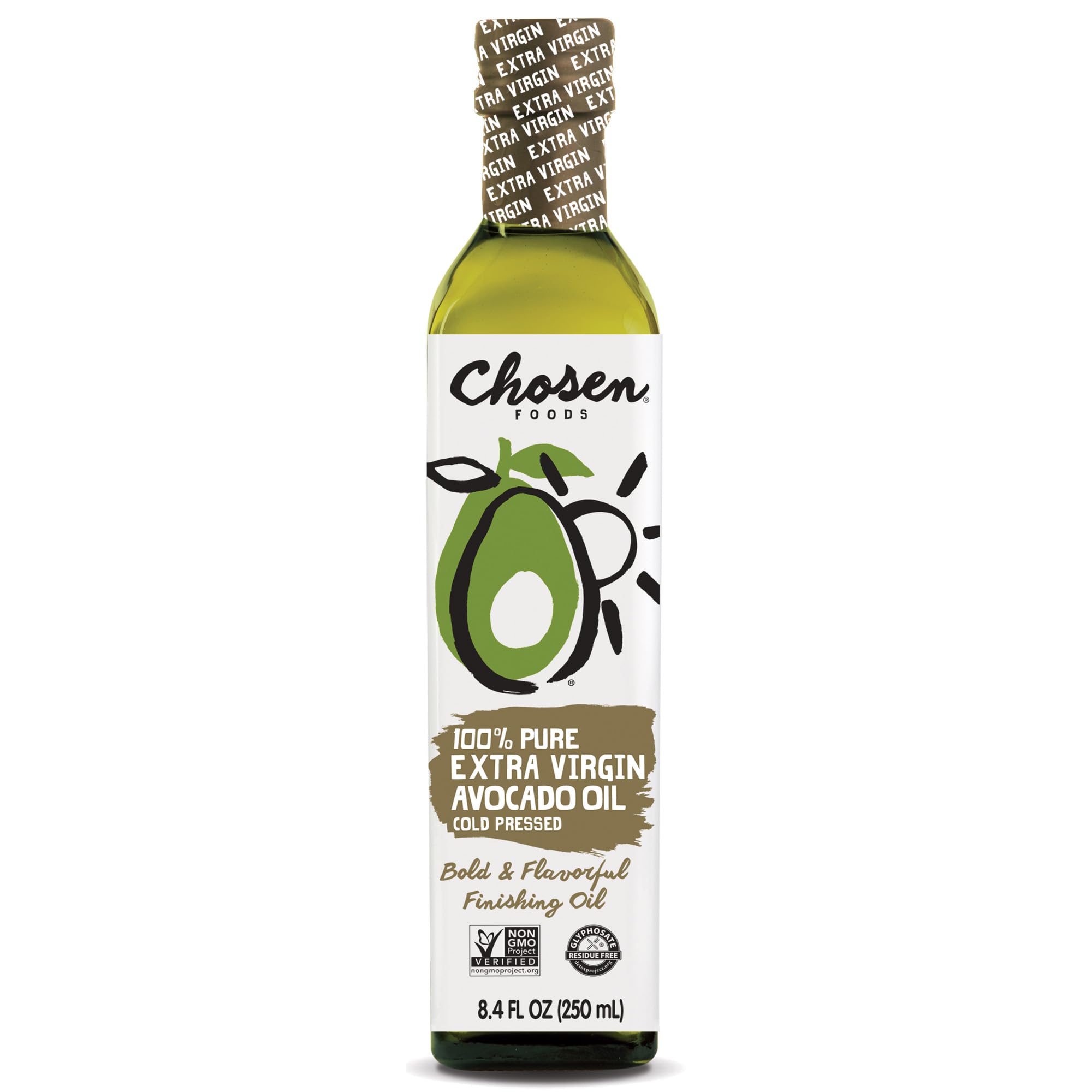 Chosen Foods 100% Pure Extra Virgin Avocado Oil, Keto and Paleo Diet Friendly, Kosher Oil for Baking, High-Heat Cooking, Frying, Homemade Sauces, Dressings and Marinades (8.4 fl oz)