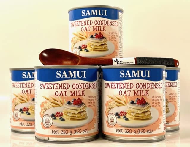 Samui Sweetened Condensed Oat Milk Dairy FREE, Gluten FREE, Soy FREE, Nut FREEE, Lactose FREE Product of THAILAND. 11.25oz Combo With FREE KC Commerce Wooden Spoon. (3)