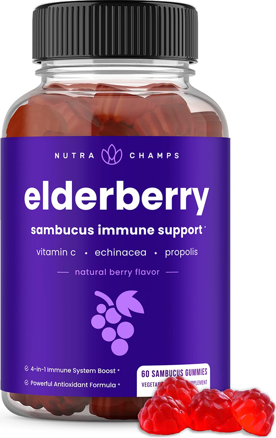 NutraChampsElderberry Gummies with Vitamin C, Propolis & Echinacea - Immune System Support Gummy Vitamins for Adults & Kids - Max Strength 200mg Sambucus Antioxidant