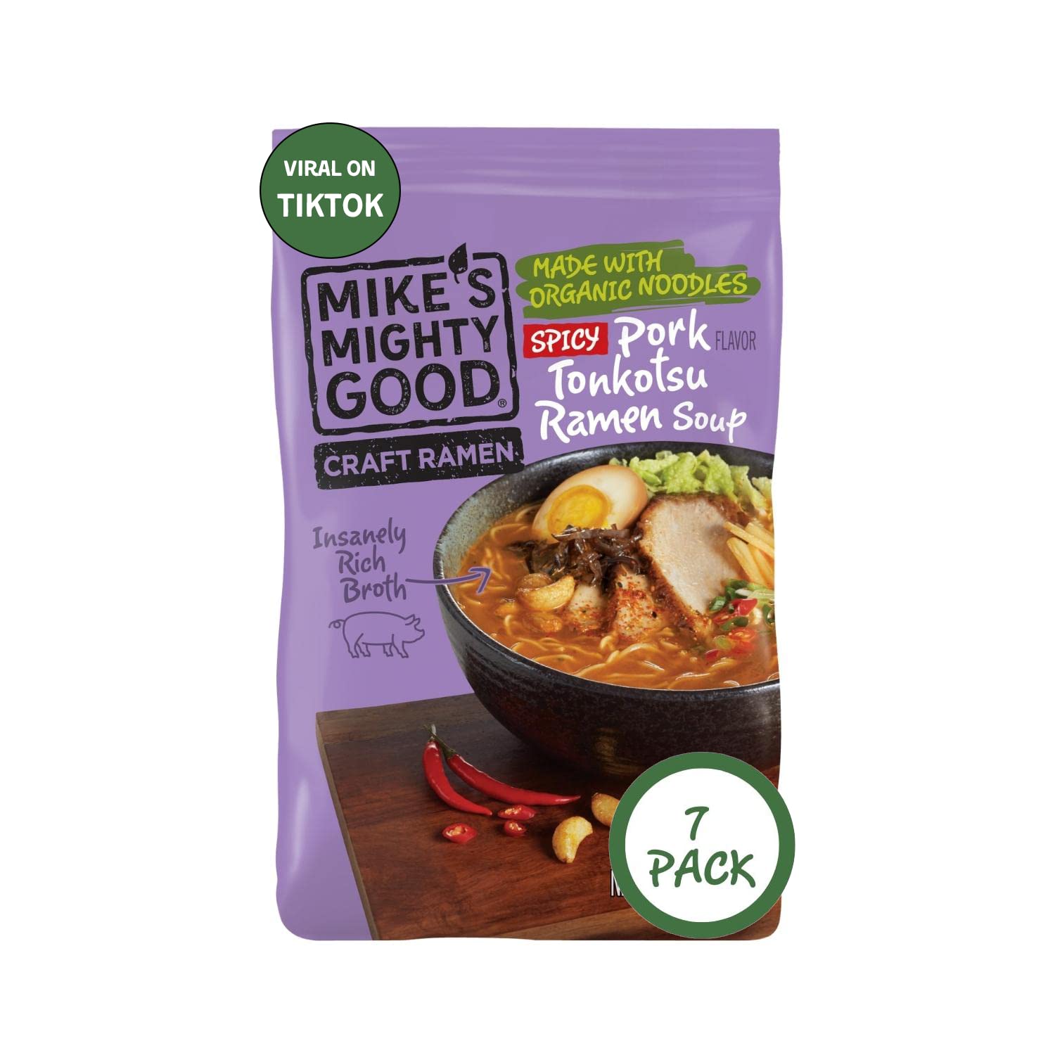 Mike's Mighty GoodSpicy Pork Tonkotsu Ramen Noodle Soup - Spicy Ramen Noodles - Instant Ramen Noodles - Non-GMO Noodle Soup - Organic Instant Hot Noodles - 2.4 Ounces - 7 Pillow Packs