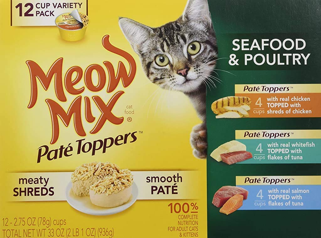 Meow MixCompany 799451-Pack 4 Mix Pate Topper Seafood/Chicken Variety, 2.75-Ounce, (Pack of 4)