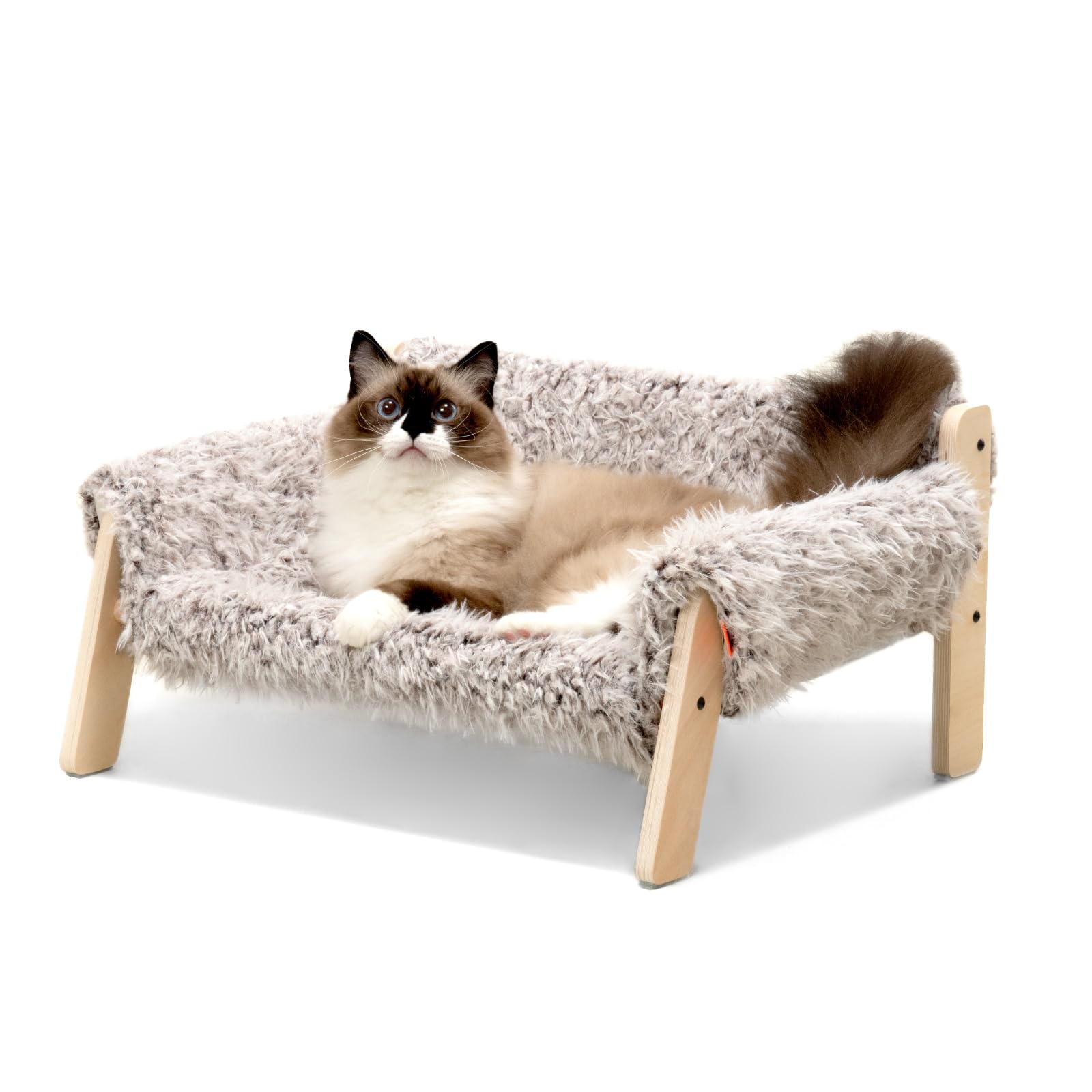 MEWOOFUNLarge Cat Bed Sturdy Wooden Leg Raised Cat Sofa Bed Kitten Bed for Indoor Cats - Soft Cat Couch with Removable Cover Hold up 15kg, 56x45cm Brown-grey