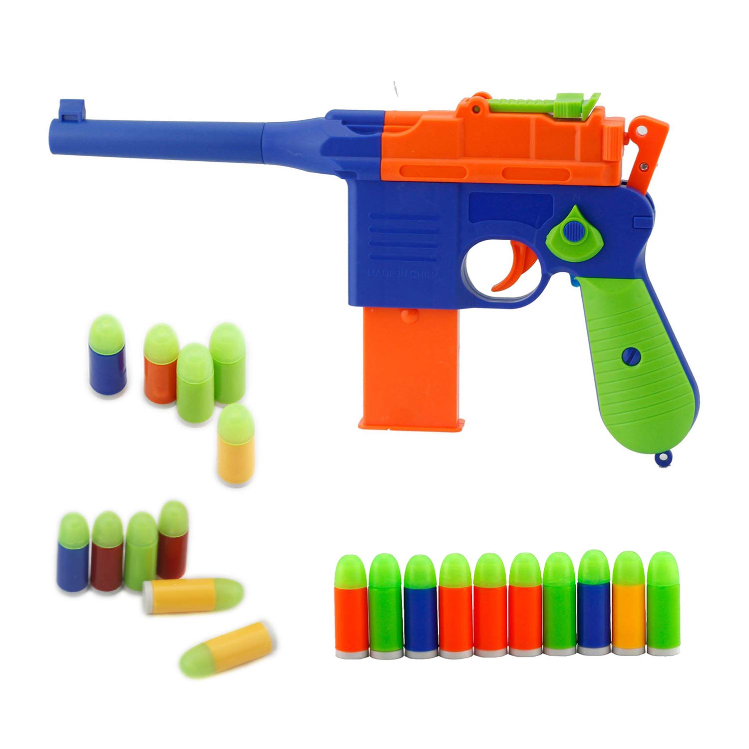 Kandall Toy Gun, Mauser c96 Toy Pistol with 10 Pcs Colorful Soft Bullets, Ejecting Magazine and Pull Back Action - Random color