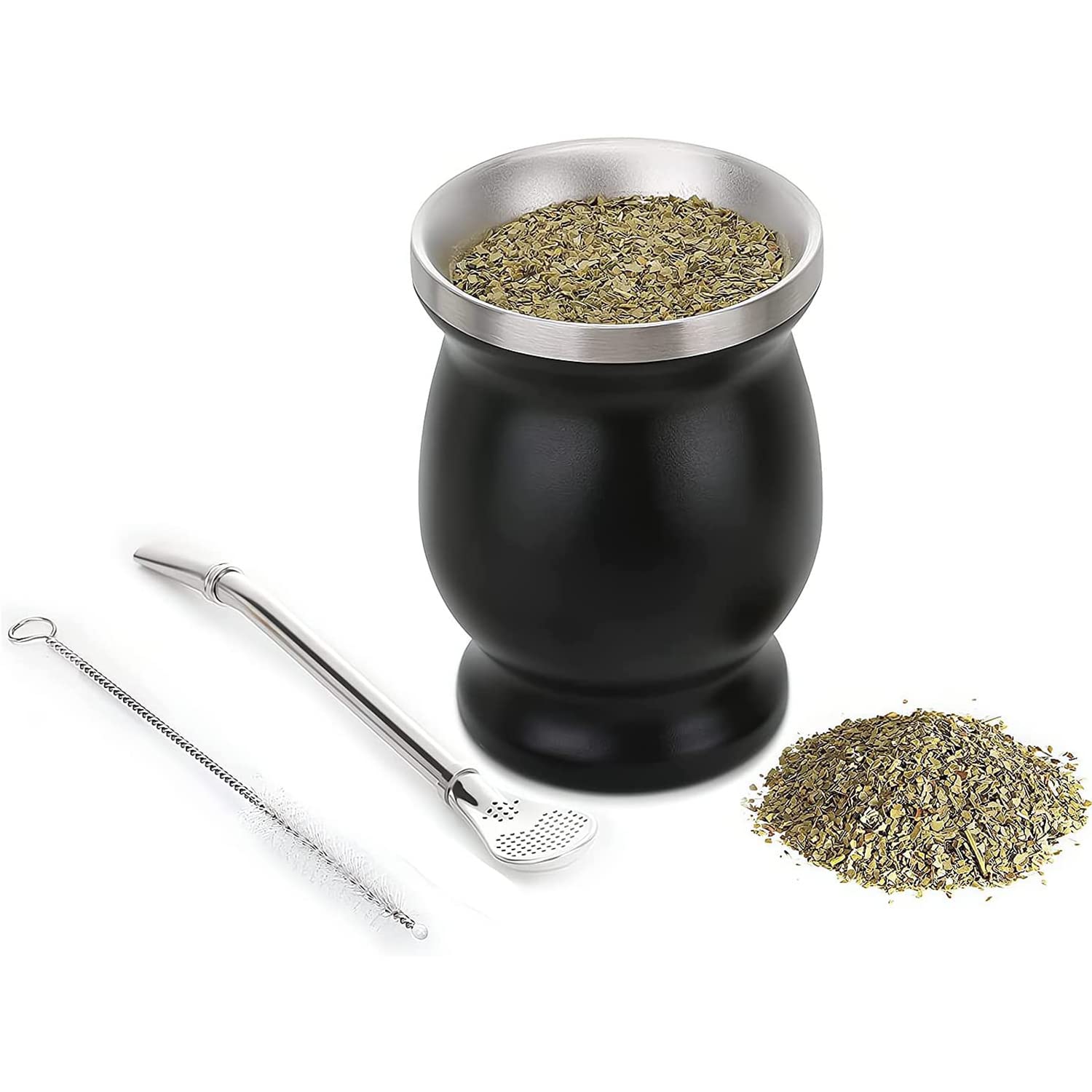 X spring Mate Tea Cup, Stainless Steel Double Walled Mate Cup and Bombilla Set, Includes Bombilla Straw and Cleaning Brush, Easy Wash Yerba Mate Container for Yerba Mate Loose Leaf Drinking (Black)