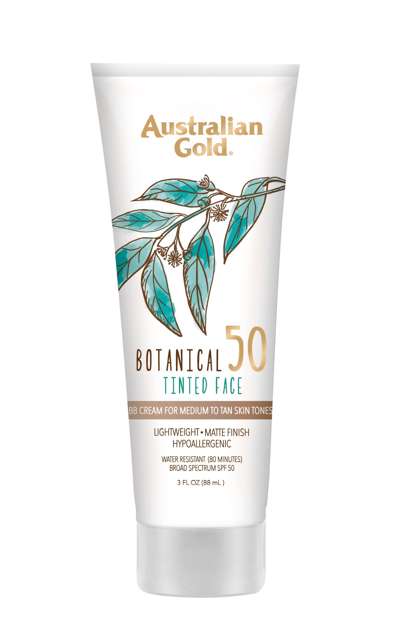 Australian Gold Botanical SPF 50 Tinted Mineral Sunscreen for Face, Non-Chemical BB Cream, Water-Resistant, Matte Finish, For Sensitive Facial Skin, Medium to Tan Skin Tones, 3 FL Oz