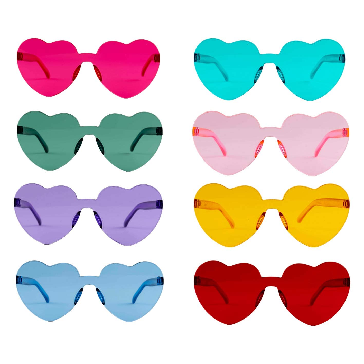 8pcs Heart Shaped Sunglasses Rimless Hippie Glasses One Piece Retro Clear Lens Candy Color Eyewear for Women Girls Fancy Dress up,Party,Cosplay