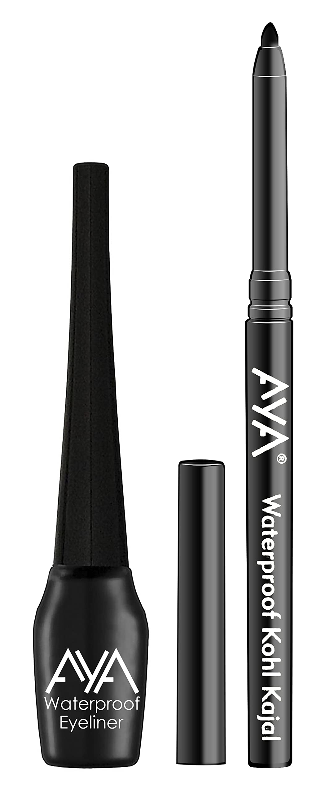 AYA Waterproof Long Lasting Smudge Transfer Proof Liquid Eye Makeup Eyeliner, Black + Jet Black Waterproof Kohl Kajal