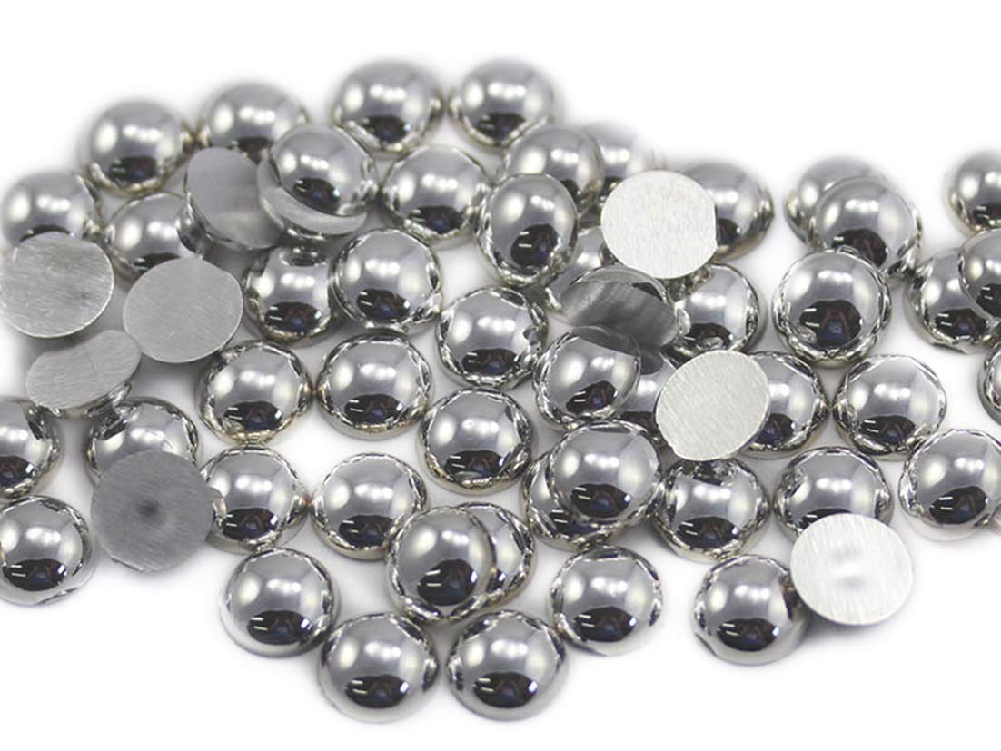 Allstarco 9mm Silver Flat Back Acrylic Round Pearl Cabochons Plastic Rhinestones Pearl Gems Embellishments for Jewelry, Crafts, Costumes, Card Invitations, Cosplay - 50 Pieces