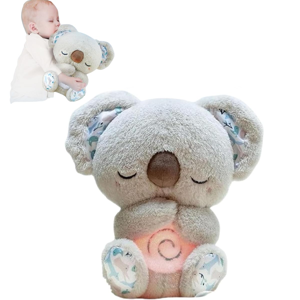 Soothing Toy Koala Bear with 5 white noise and 10 soothing music, Sleep Soother Anxiety Relief Koala, Portable Plush Toy With Music Lights Rhythmic Breathing Motion (Gray)