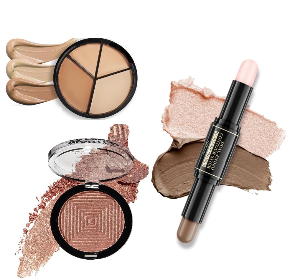 HUDACRUSH Beauty 3in1 Face Contour Kit - 4 Shades Contour Palette Light/Medium | Shimmering Bronzer Powder Makeup | 2in1 Double-End Contour Highlighter Stick Face Concealer Makeup Combo Set Of 3 Items