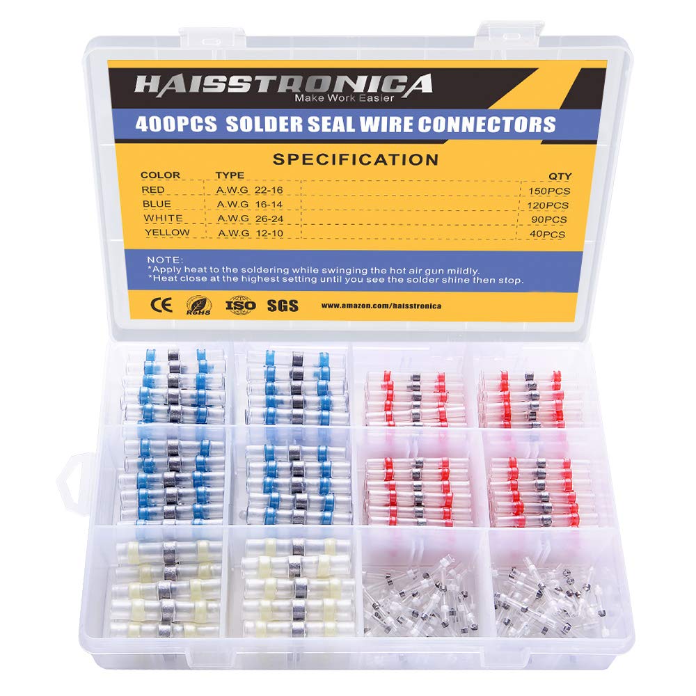 400PCS Solder Seal Wire Connectors-Haisstronica Waterproof Solder Wire Connectors-Heat Shrink Wire Connectors-Heat Shrink Solder Butt Connectors-Self Solder for Marine,Aircraft,Boat,Truck,Stereo,Joint