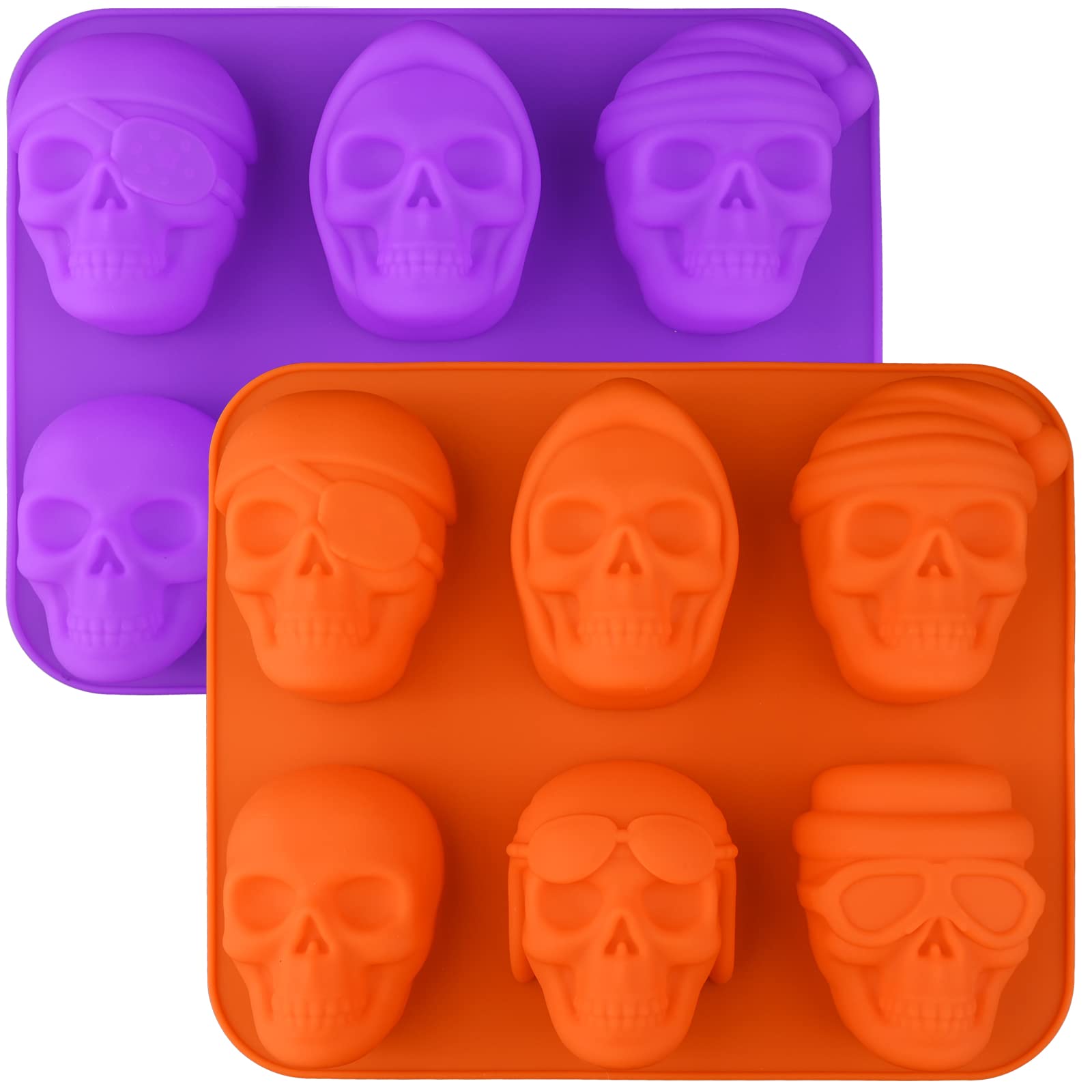 Sakolla Large Skull Cake Pan Silicone, 2 Pack 6 Cavity Non-Stick Halloween Cakelet Baking Molds