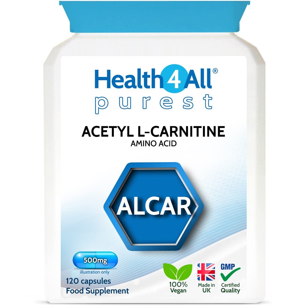 Acetyl L-Carnitine ALCAR 500mg 120 Capsules (V) . Purest: no additives. Vegan. Made in The UK by Health4All