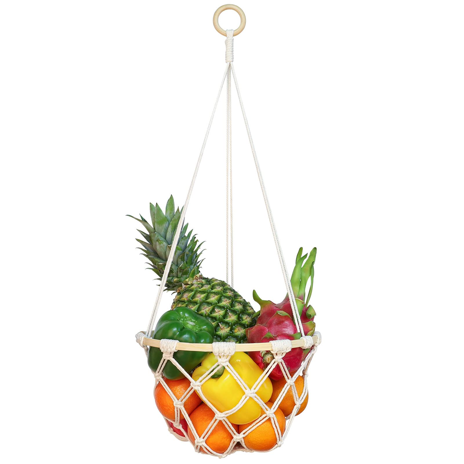 Single Tier Macrame Hanging Fruit Basket, Boho Vegetable Holder for Kichen Food Storage with Hook, Bohemian Cotton Rope Produce Organizer, Plant Hanger Deocr for Home Bathroom Bedroom Living Room