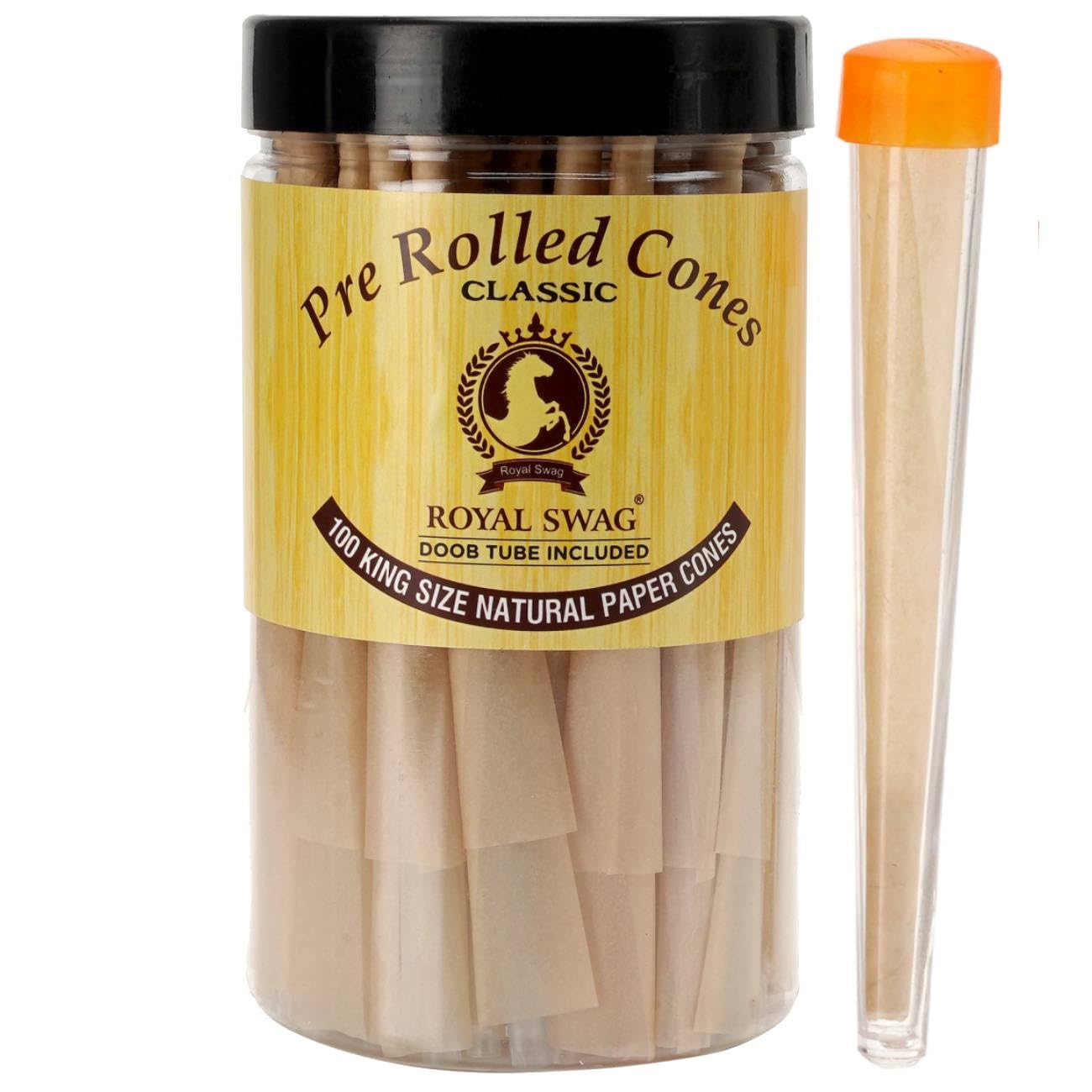 Royal Swag Pre-Rolled Cones Classic King Size Rolling Papers with Filter Tips - 110 MM Long Cones Party Pack - 100 Count Ready to Use Cones - Includes Fiber Doob Tube Reusable