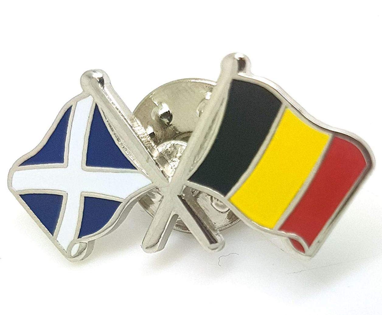 Matfords Scotland and Belgium Friendship Flags metal pin badge •Approximate size: 30mm x14mm finish •Long lasting hand crafted 'fired enamel' surface design •Tarnish resistant metal badge •UK company