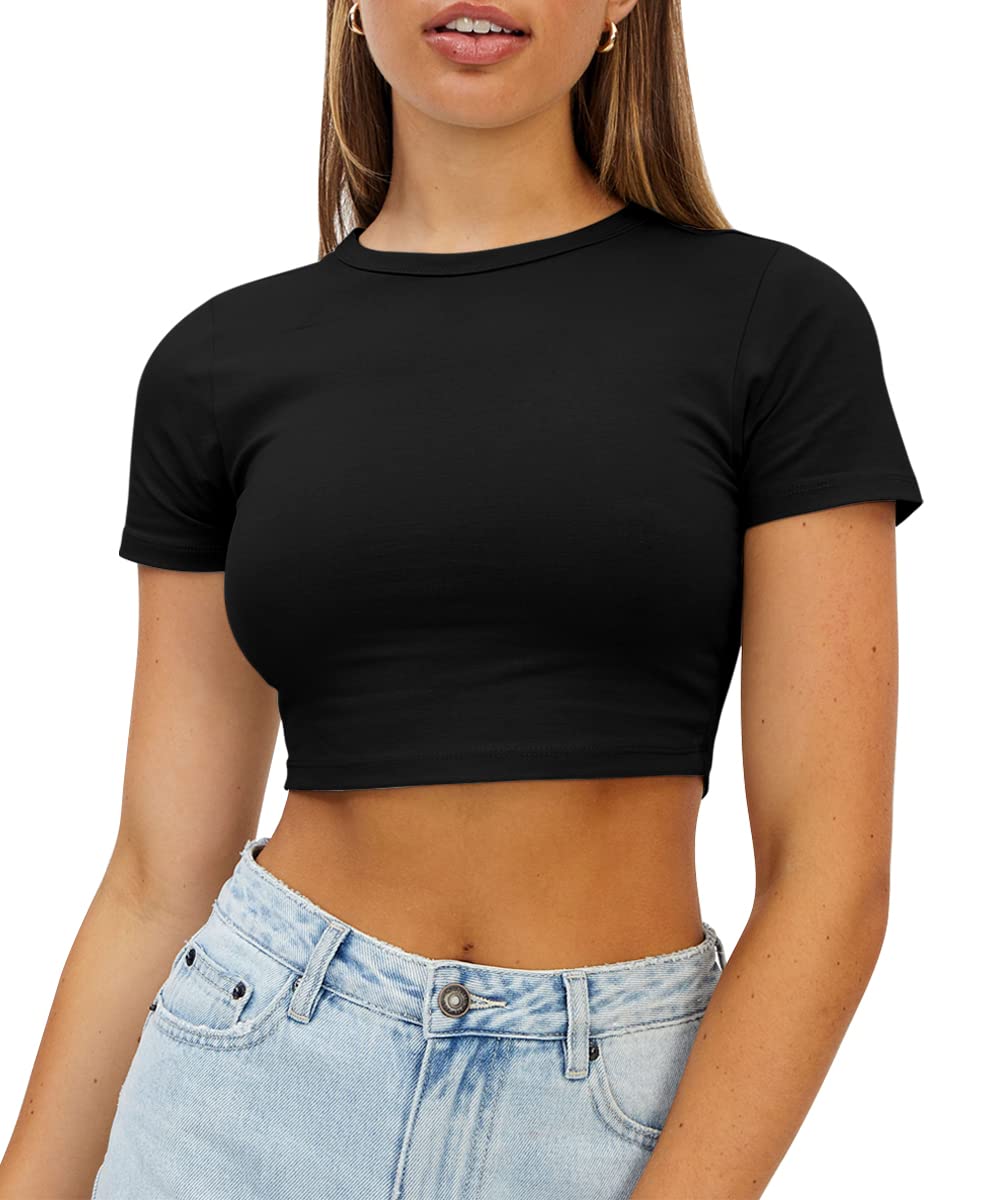 WYNNQUE Womens Crop Tops Cute Summer Scoop Neck Basic Tees Slim Fit Trendy Short Sleeve T Shirts for Teen Girls 2024