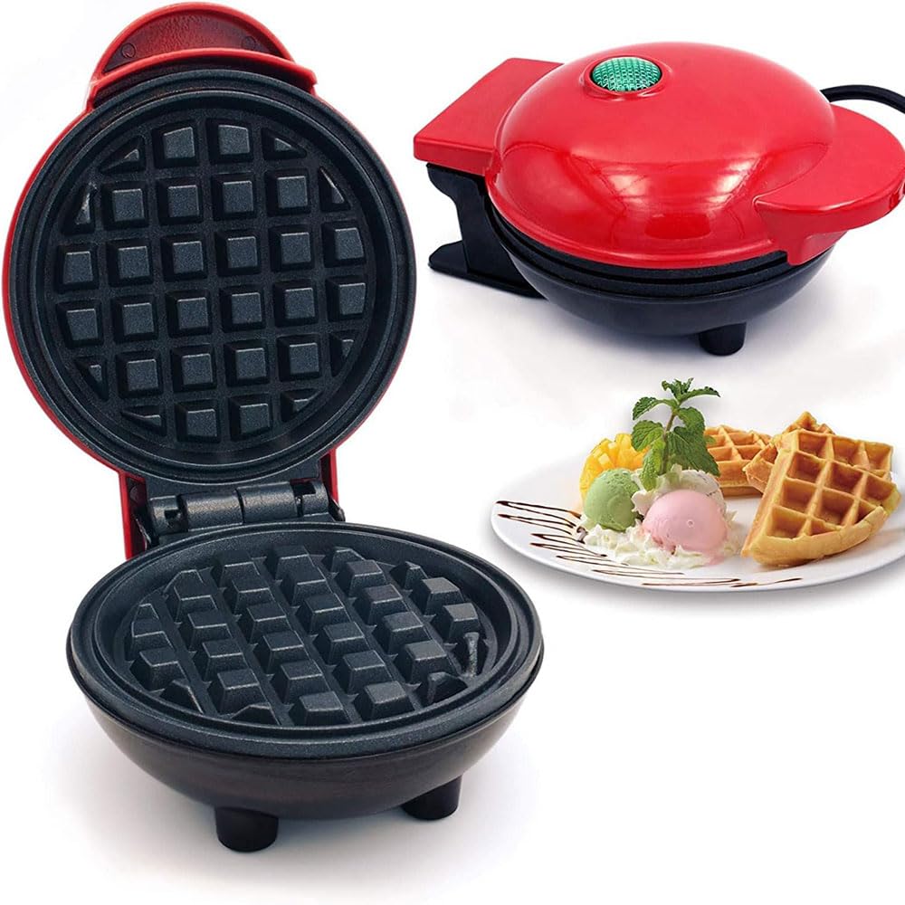 COOLBABYMini Waffle Maker,Portable Personal Waffle Maker for Breakfast, Lunch, or Snacks,Easy to Clean,Non-Stick Sides,Red