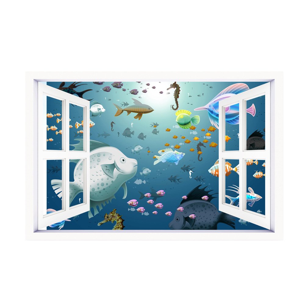 Home Find 3D Fake Window Stickers Under Sea Wall Decals Ocean Tropical Fishes Hippocampus Decor Self Adhesive Removable Vinyl Decor for Bedroom Living Room 22.8 inches x 15 inches