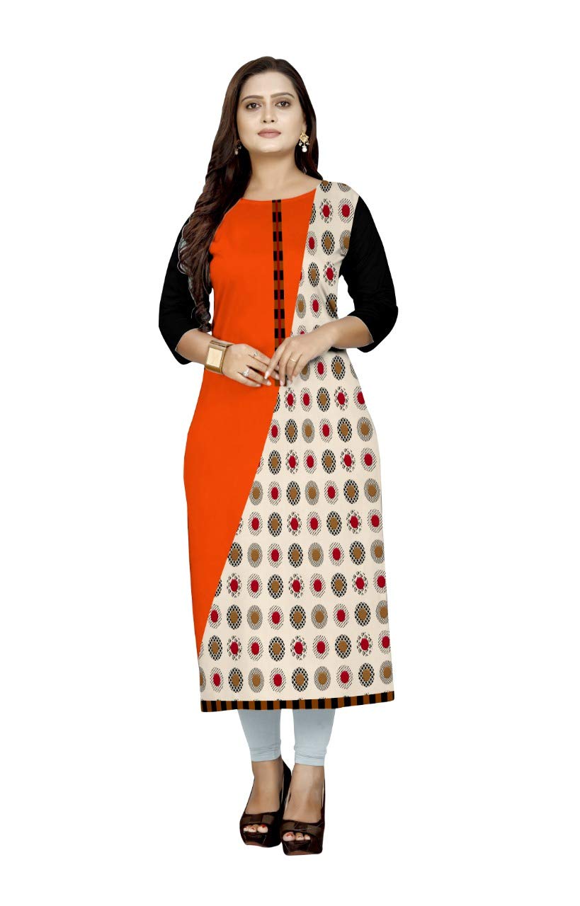 Aarohi FashionWomen's Straight Digital Printed Crepe Stitched Kurti (Orange)