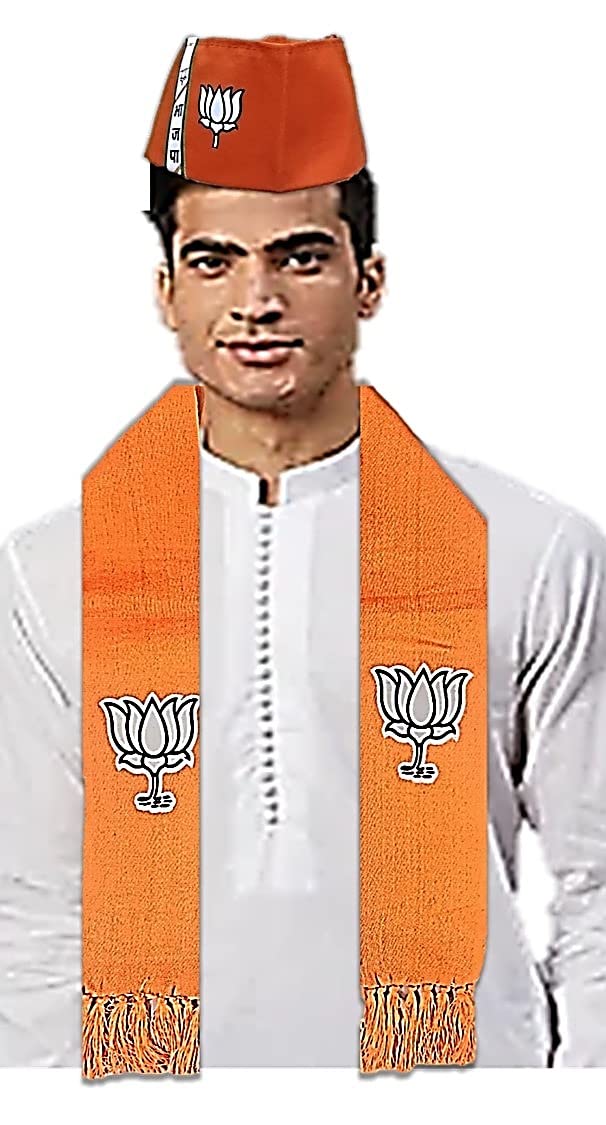 Uniq Bharatiya Janata Party ? BJP Bhagwa/Orange NaMo Style Gandhi Topi/Cap WITH Single Color Scarf - BJP Flaunt Unisex Dupatta - Roto Fatka in 100% Cotton Fabric.