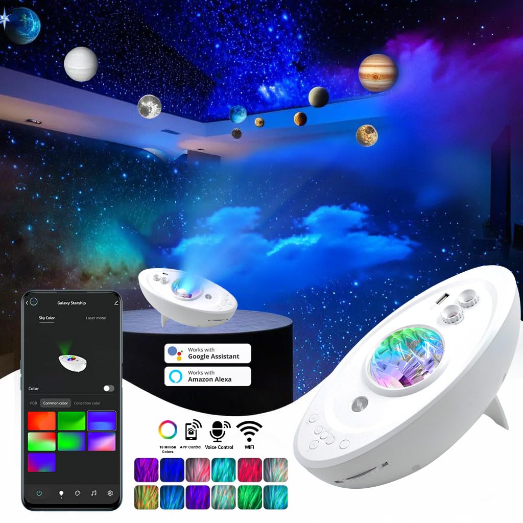 Galaxy Star Night Light Projector Lamp with Smart App Control, Bluetooth Speaker, Nebula Effects, 9 Planet Projections - LED Ceiling Party Lights for Bedroom, Perfect for Kids & Adults