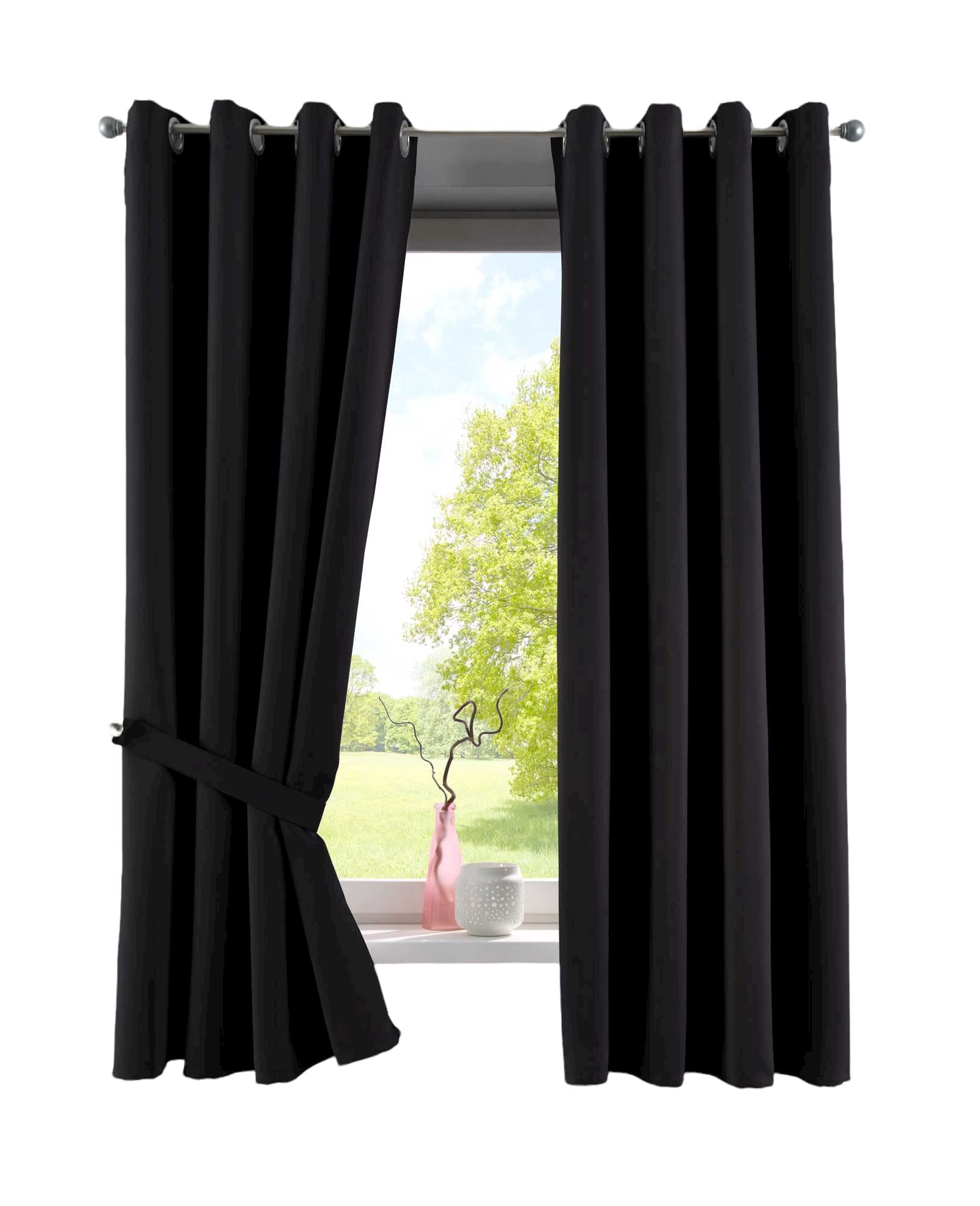 Gardinenbox NewYork 201920600-2 Opaque Thermal Curtains Blackout Eyelets Sound-Absorbing Oeko-Tex UV Protection Tiebacks 100% Polyester Black H x W 160 x 140 cm