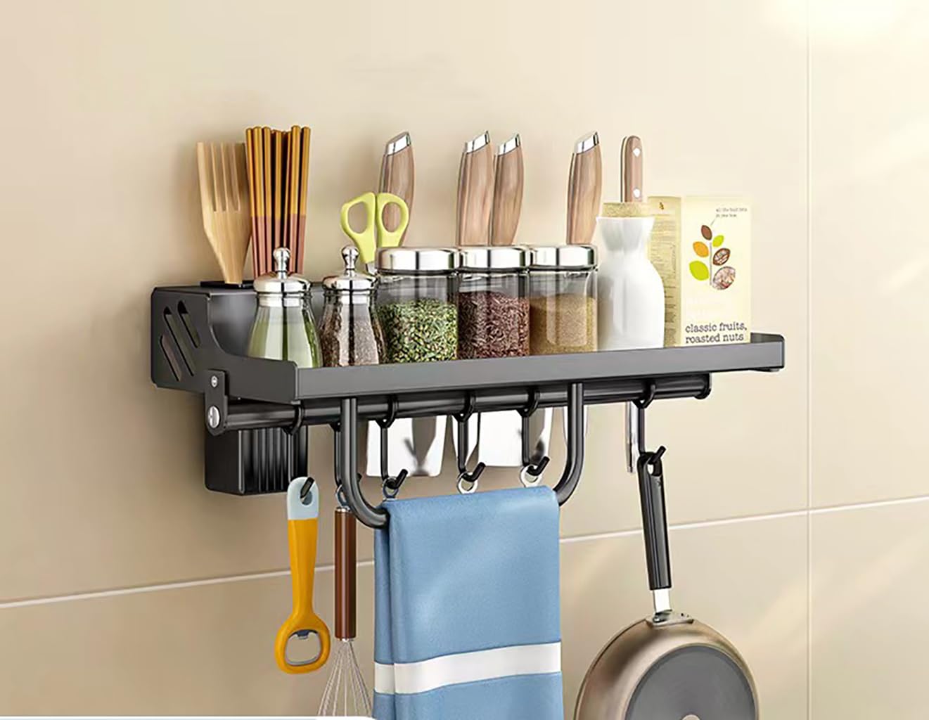 HomeGenic Kitchen Knife and Spice Rack, Glue Installation Spoon Knife Organizer, Stainless-Steel Knife Holder, Heavy-Duty Wall Mounted Spice Organizer, Kitchen Cutlery Organizer (40cm)