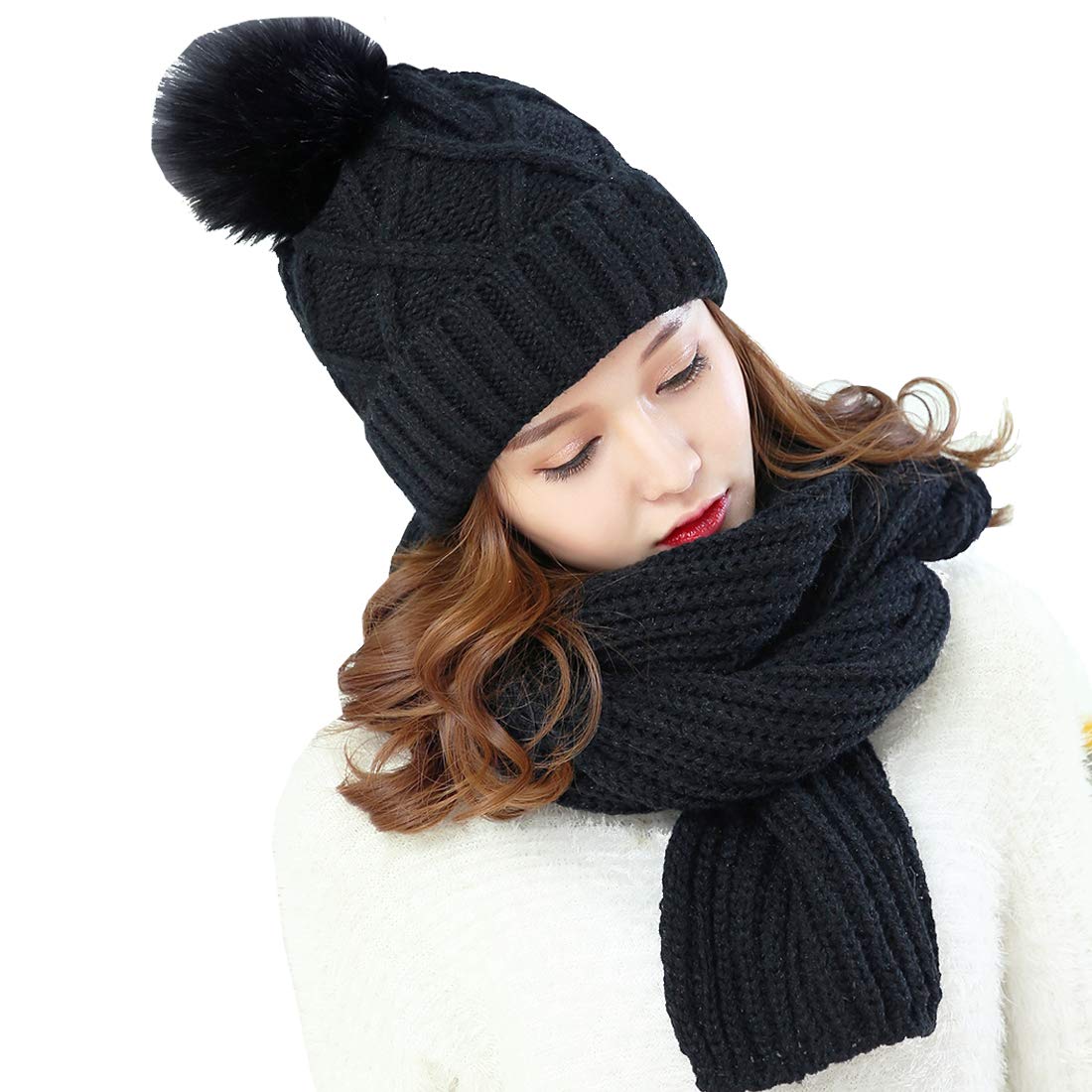 KRATARC Cold Winter Women Warm Scarf Beanie Hat Set Knitted Fleece Girls Pompom