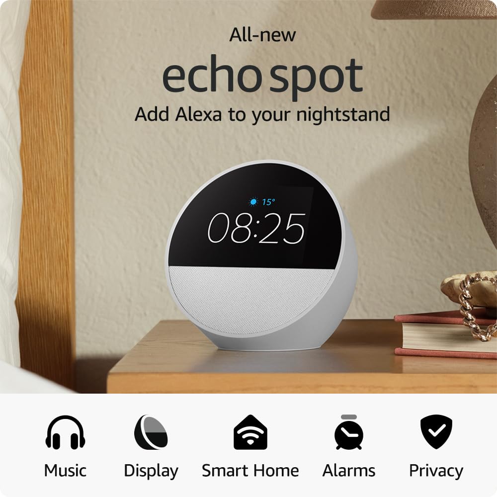 All-new Echo Spot (2024 release), Smart alarm clock with vibrant sound + Alexa, Glacier White