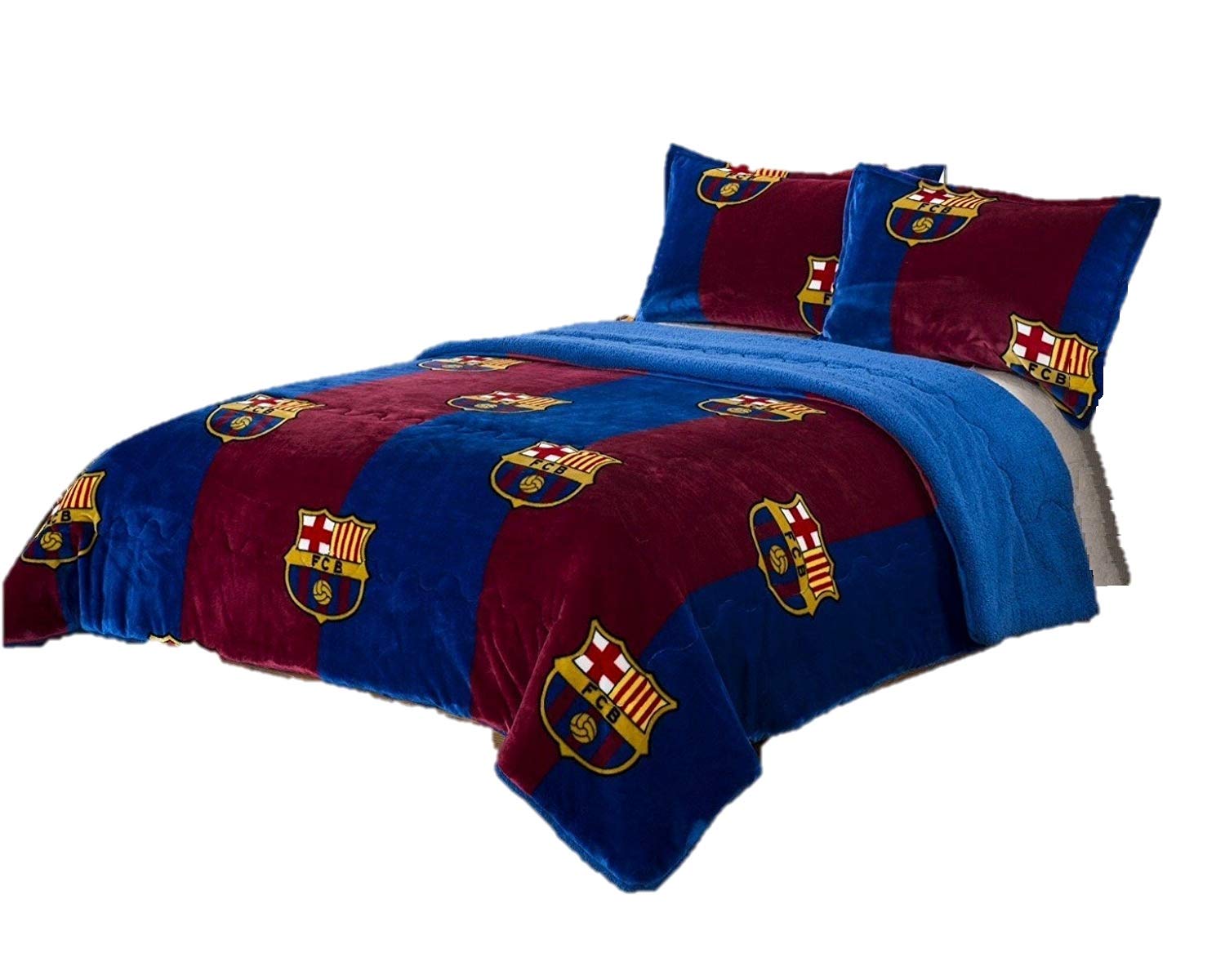 FCB FCBarcelona 3pcs Sherpa Set Queen Size, Blanket Set with 2 Pillow Shams