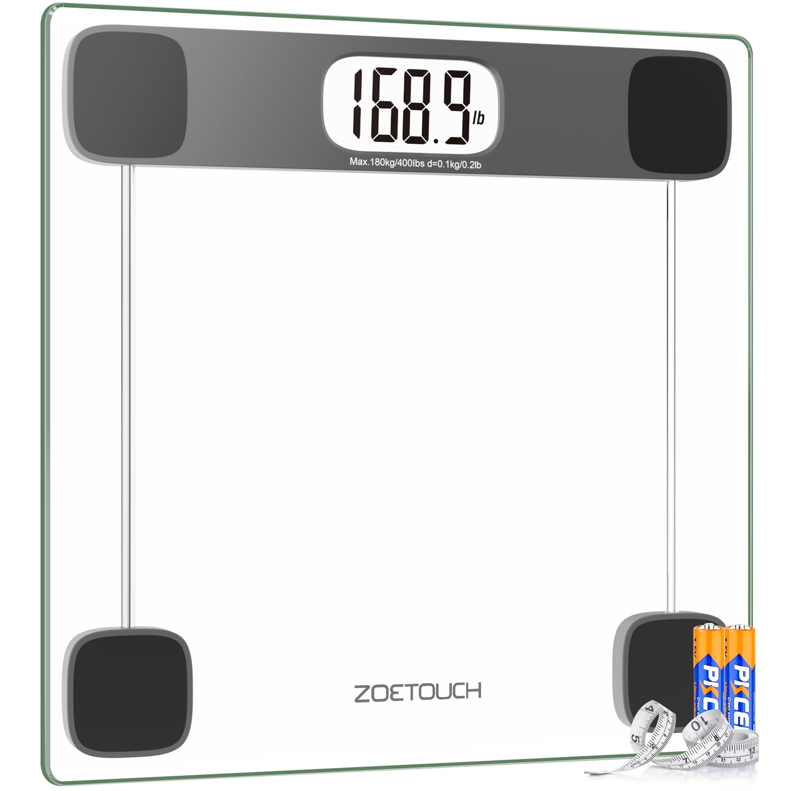 Scale for Body Weight Digital Bathroom Scale Accurate Weighing Machine for People, High Precision Bath Scale, Step On, Tempered Glass LCD Display Batteries and Tape Measure Included, 400lbs