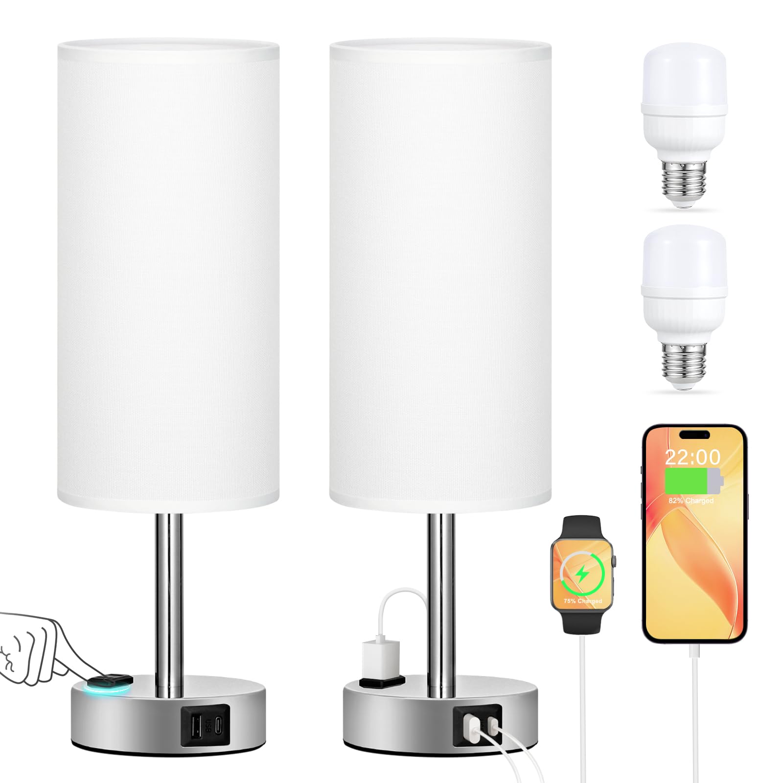 White Touch Nightstand Lamps Set - 3 Way Dimmable Bedside Table Lamps for Bedroom with USB C and A Ports, Small Lamps with AC Outlet for Girls Dorm Nursery, Silver Base