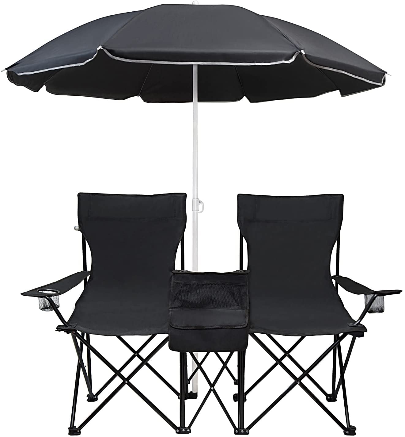 LEADALLWAY Double Camping Chair with Umbrella(Cup Holder+Cooler Bag+Mini Table) Support 256 LBS,19''x19''Each seat