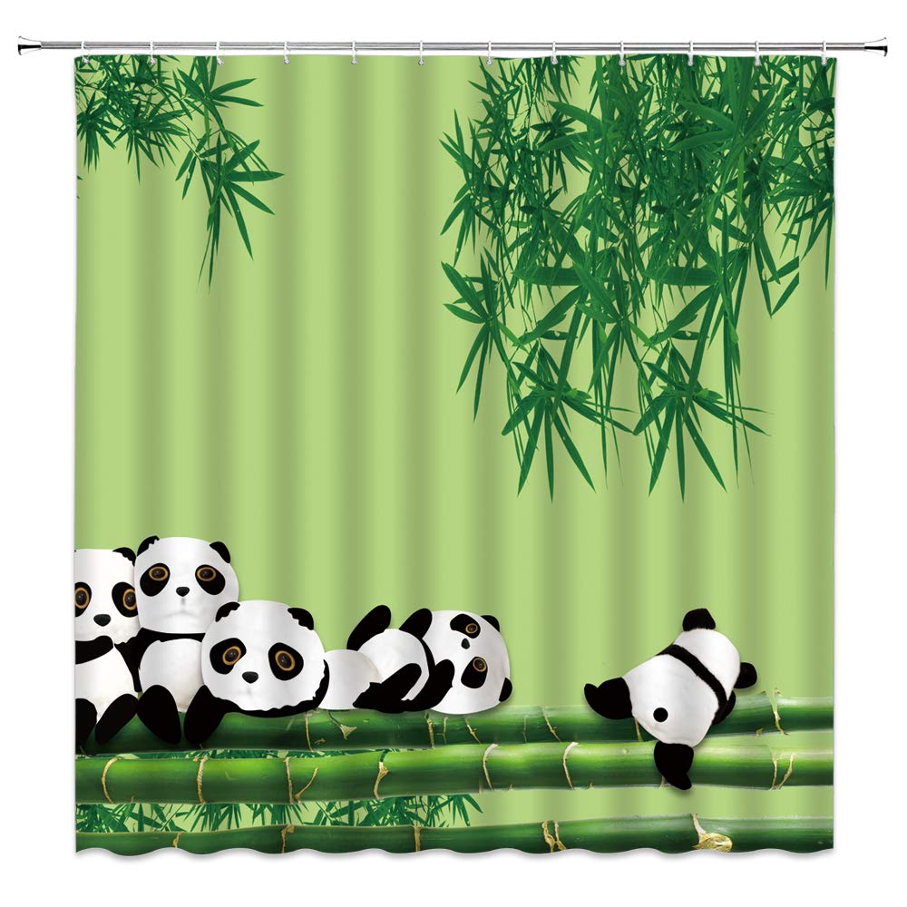 BCNEW Green Leaves Shower Curtain Panda Bamboo Girl Boy Baby Room Asian Tradition Polyester Fabric Bathroom Decor 70×70 Inch with Hook Hole