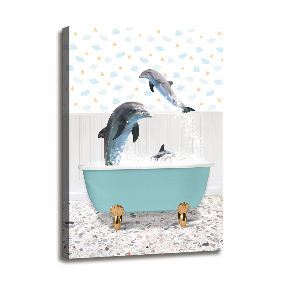 SHZCJL Funny Bathroom Wall Art ,Dolphins in Bathtub Wall Art,Adorable Dolphin Bathroom Canvas Print Artwork ,for Kids Bathroom Wall Decor(12'' x 16'')