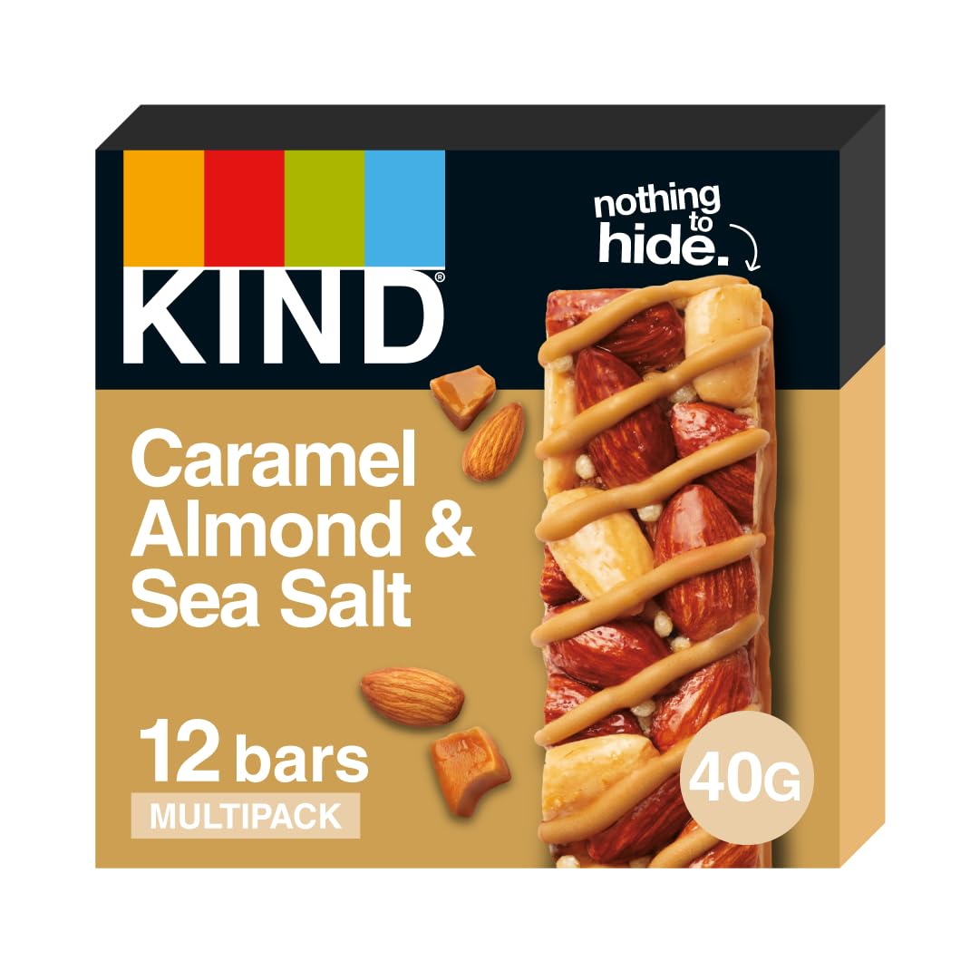 KIND Bars, Gluten Free Snack Bars, Caramel Almond & Sea Salt, High Fibre, Healthy Snack, No Artificial Colours, Flavours or Preservatives, Multipack 12 x 40g