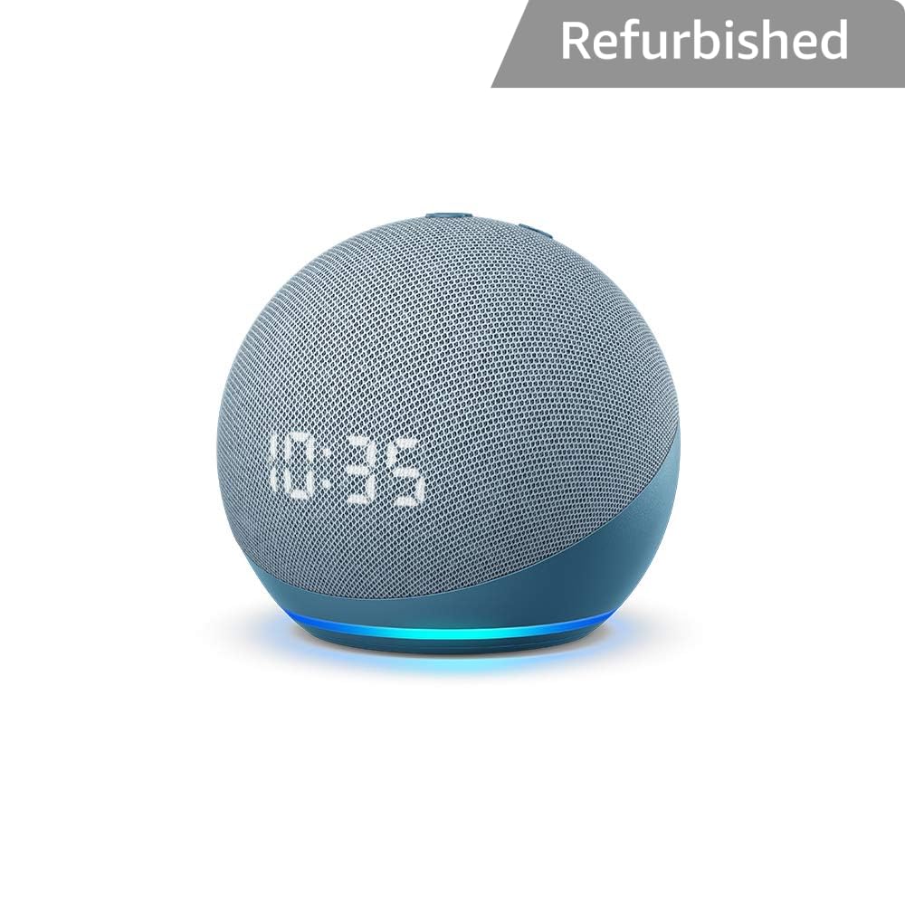 Certified Refurbished Echo Dot (4th Gen, 2020 release) with clock | Smart speaker with powerful bass, LED display and Alexa (Blue)