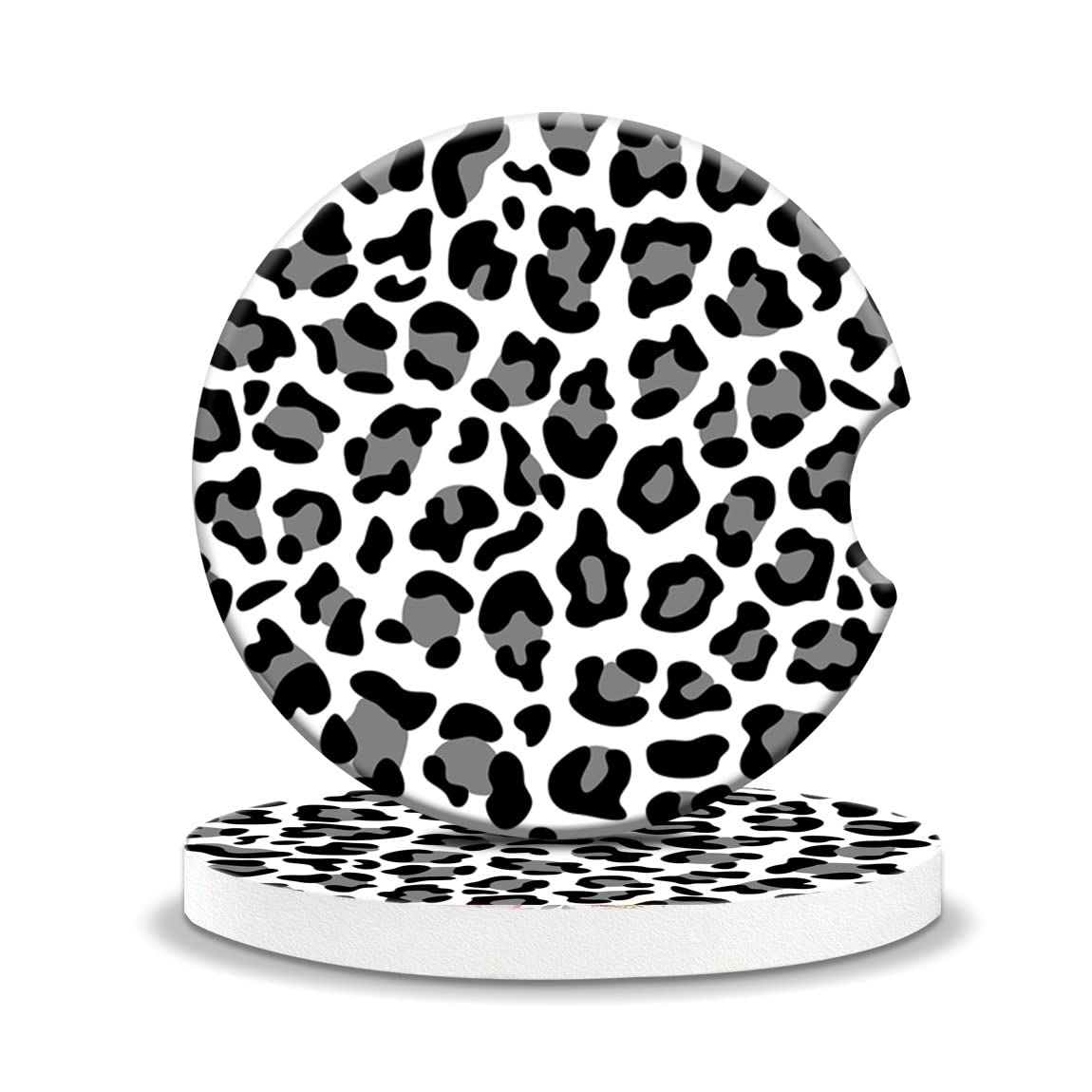 Car Coasters Pack of 2,Absorbent Ceramic Car Coasters,Drink Cup Holder Coastersfor Women Men,with A Finger Notch for Easy Removal Leopard White