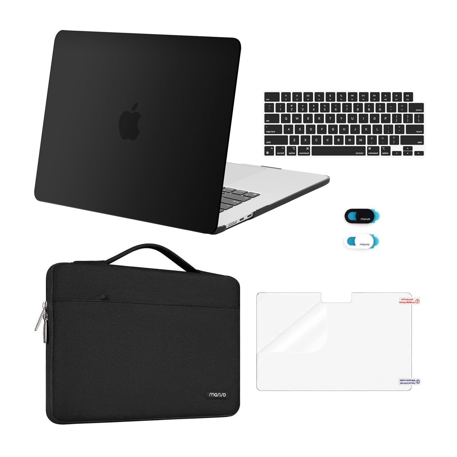 MOSISO Compatible with MacBook Air 15 inch Case 2024 2023 Release M3 A3114 M2 A2941 with Touch ID, Plastic Hard Shell&Carrying Sleeve Bag&Keyboard Cover&Webcam Cover&Screen Protector, Black