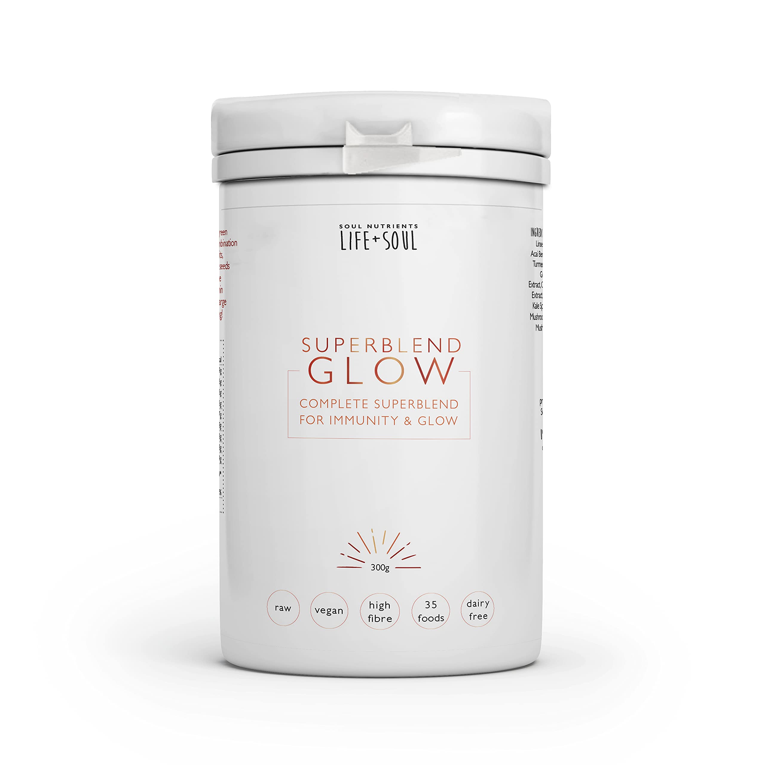 Superblend Glow 300g- Supergreens Blend- 35 35 food-based ingredients PLUS bioactive enzymes High-fibre, low fat and dairy-free Naturally-occurring vitamin C for immunity- Supergreen Shots