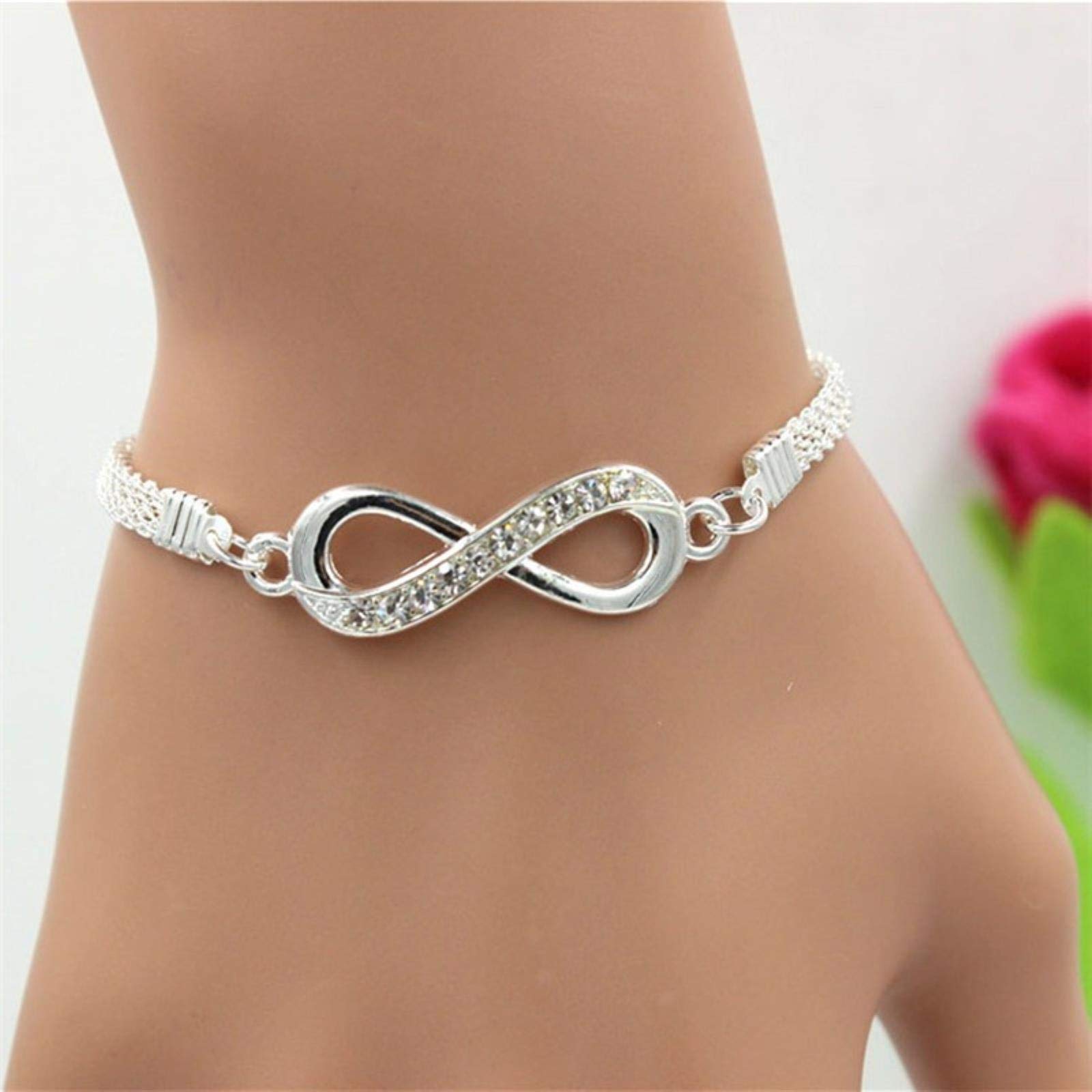 Silver Plated Infinity Bracelet Zinc Alloy Chain Rhinestone Bracelet for Men Women Fashion Jewellery, One Size, Zinc