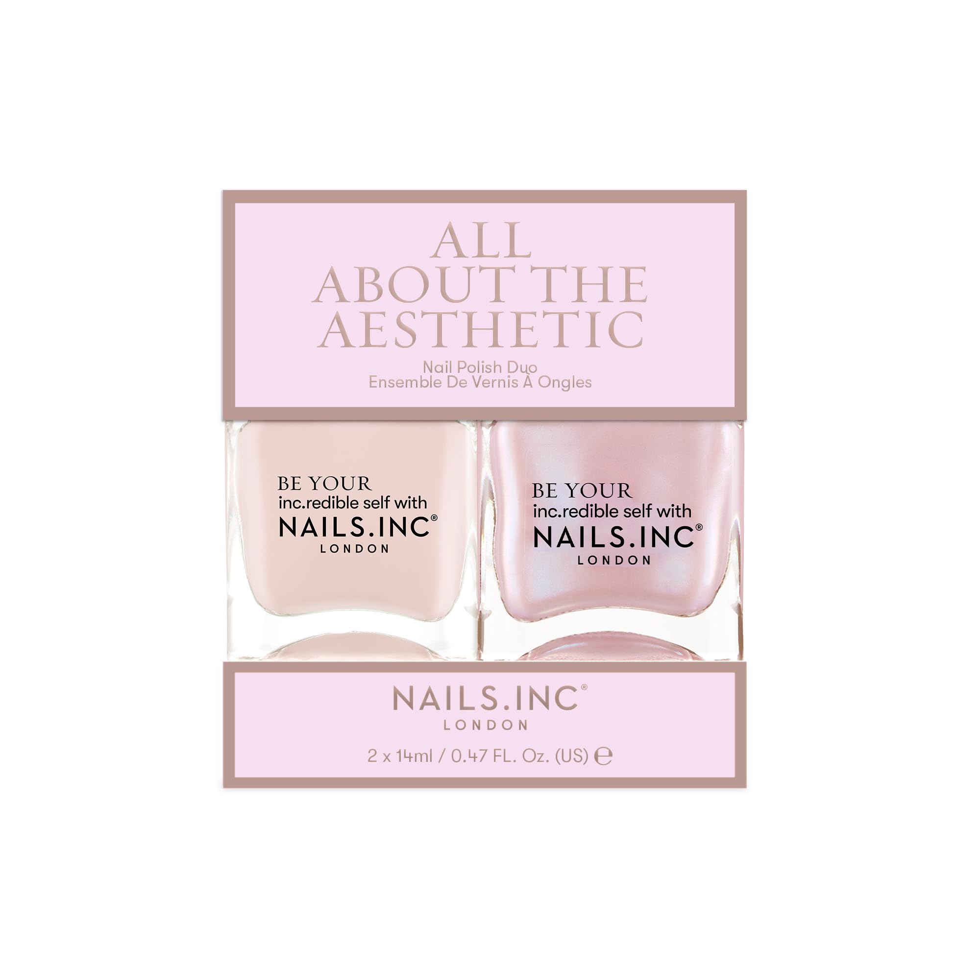 Nails.INC All About The Aesthetic Nail Polish Duo, Trend Inspired Nail Shades, Swatched from the Catwalk, Longwear Rapid Dry Formulation, Cruelty Free, Vegan, 21 Free