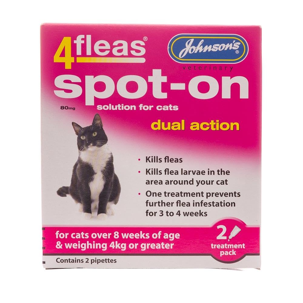 LEEWAY WOODWORK JOHNSONS 4FLEAS CAT - DUEL ACTION SPOT ON - +8 WEEKS BELOW 4KG WEIGHT (1X PACK)