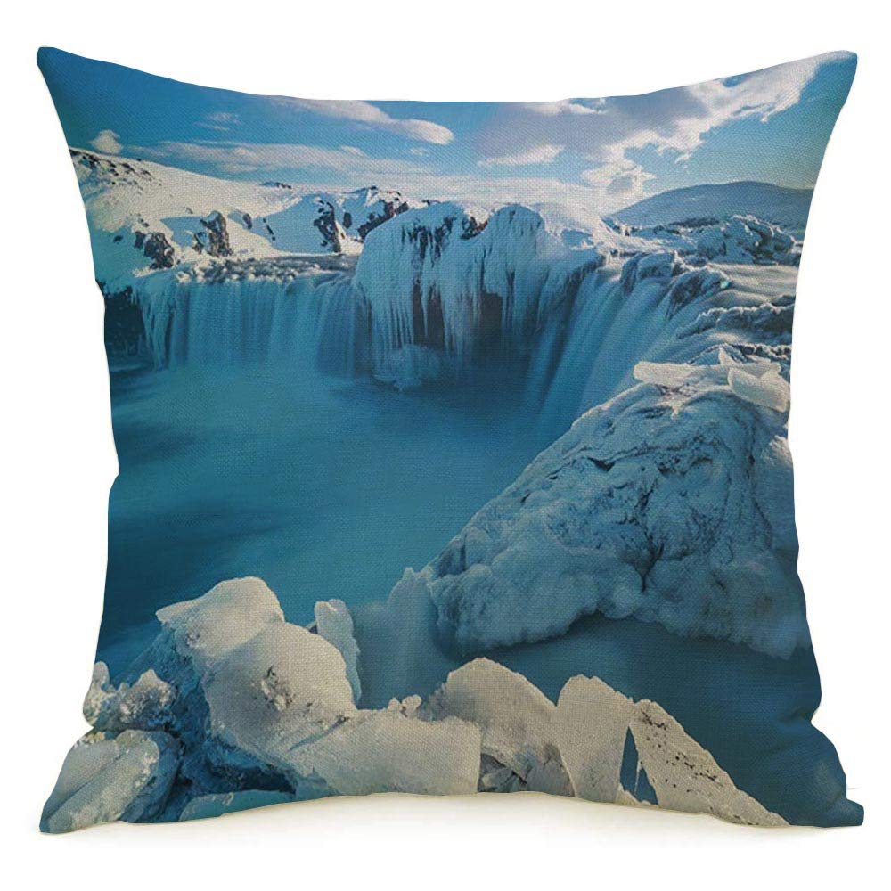 Starojun Decorative Throw Pillow Cover Glacial Winter in Mountain Sunrise Glacier Waterfall Icelandic Range Ice Snow Nature Cold Water Soft Linen Cushion Covers 16 x 16 Inches for Couch Car Bedroom