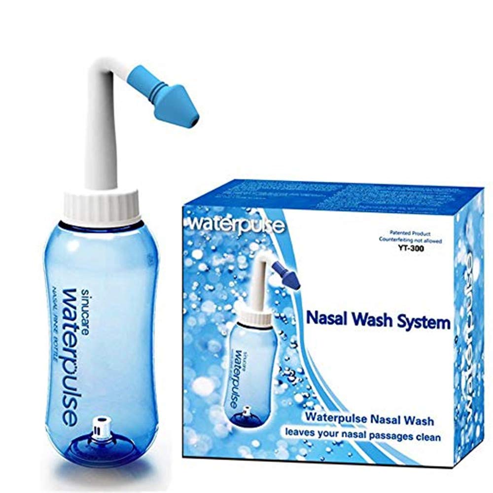 Neti Pot Sinus Rinse Bottle Nose Cleaner Allergy Relief Nose Wash Cleaner Pressure Rinse Nasal Irrigation for Adult & Kid BPA Free 300 ML with 10 Package Nasal Wash Salt and Sticker Thermometer -Blue