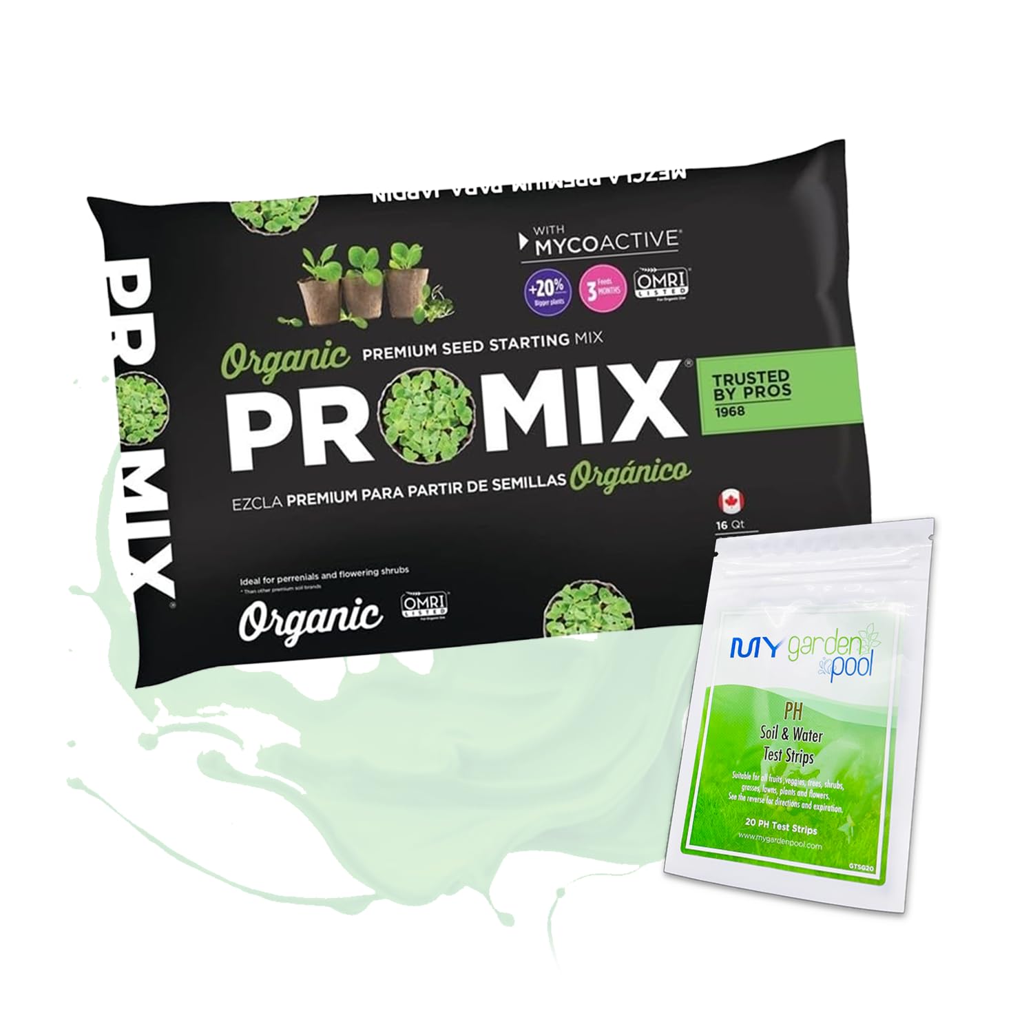 Promix Premier Horticulture Organic Pro Seed Starting Mix; 16 qt, with My Garden Pool PH Soil Test Strips 20 ct. - Organic Seed Starting Mix with Mycorrhizae for Healthy Seeds, Easy pH Monitoring