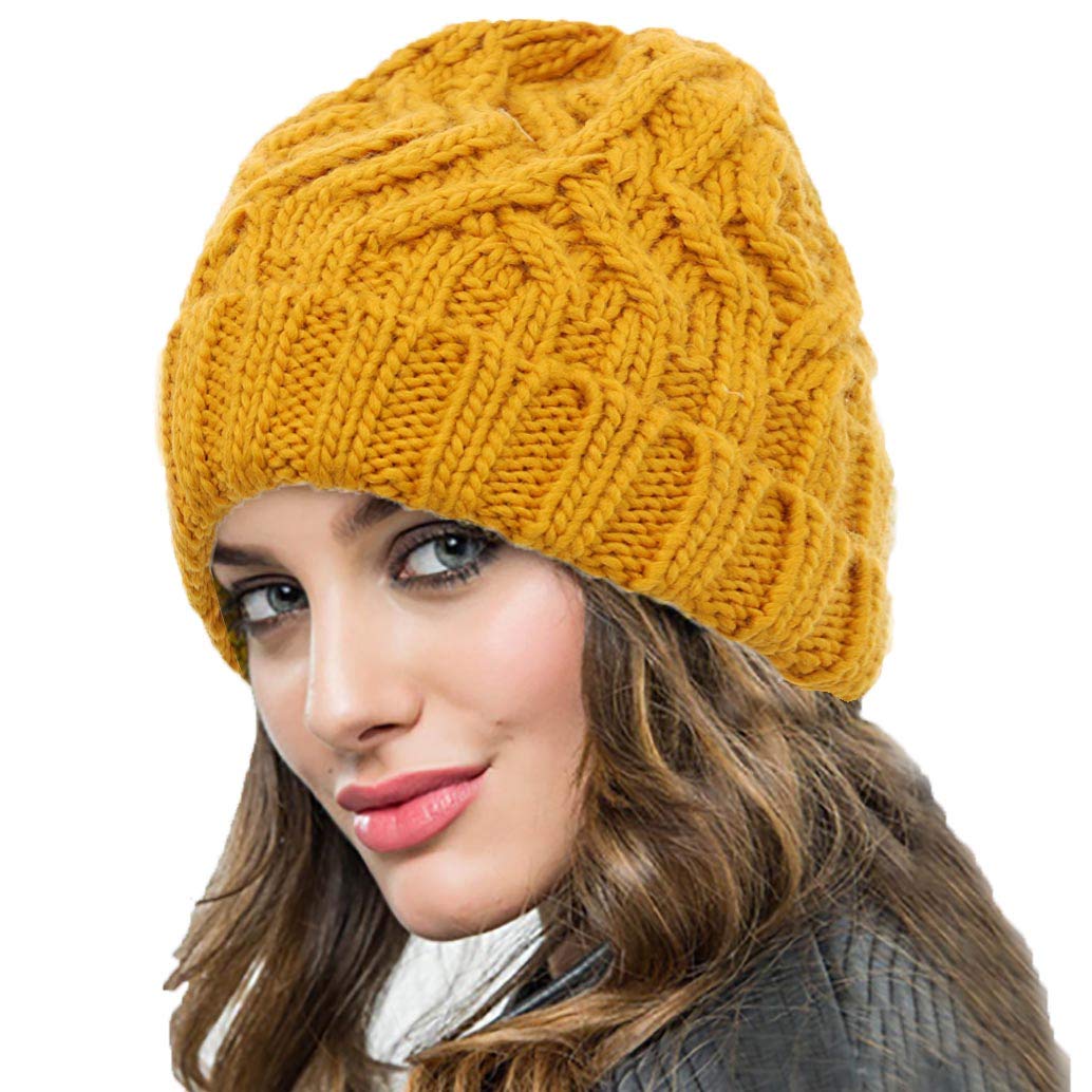 WoeoeThick Warm Winter Hat Yellow Knitted Beanie Hats Soft Cable Knit Skull Cap Stretch Cozy Ski Head Wrap for Women and Girls